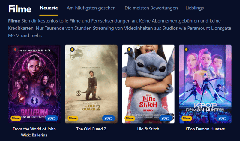 Screenshot der Benutzeroberfläche von Einschalten, die eine moderne Streaming-Plattform mit Filmen und Serien anzeigt.
